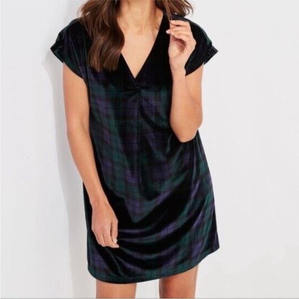 Vineyard Vines Green & Blue Blackwatch Plaid Velvet V-Neck Short Sleeves Dress M